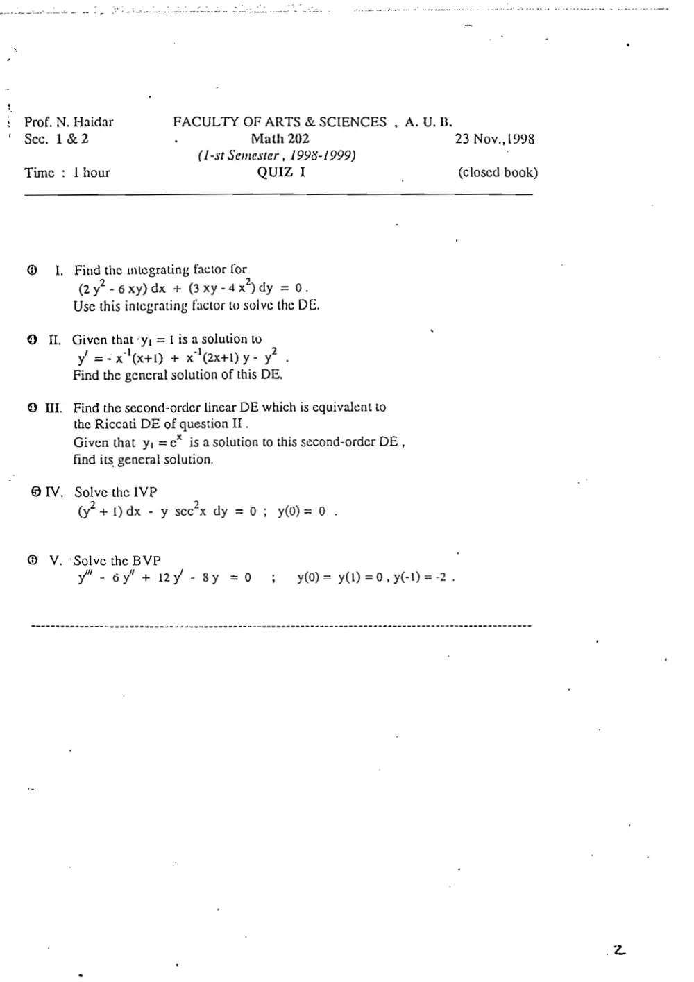 MATH 202 Exam 1 with Solution, Fall 1998, page 1