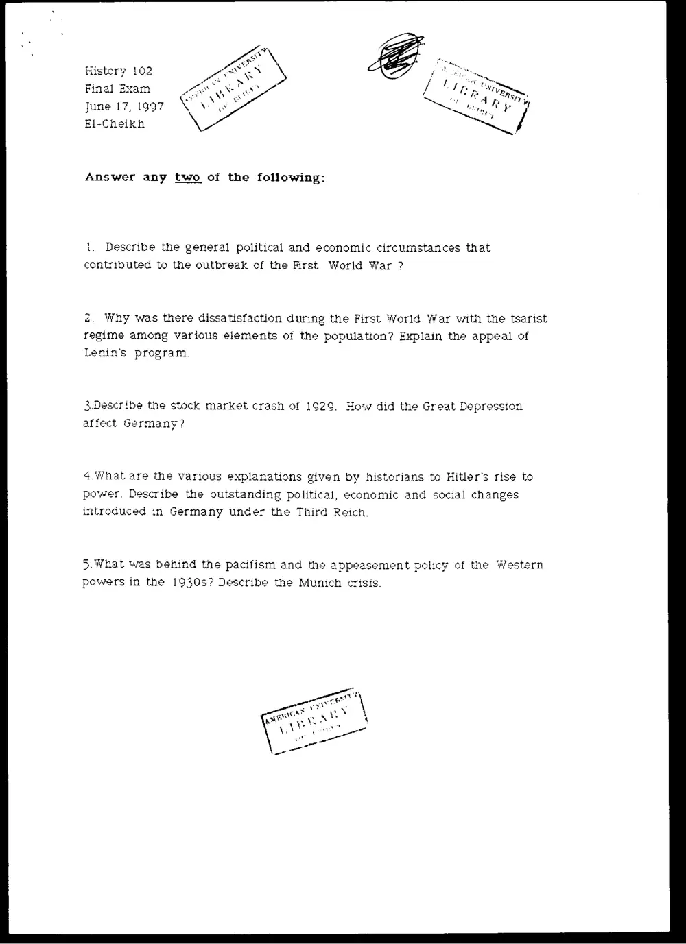 HIST 102 Final, Spring 1997, page 1