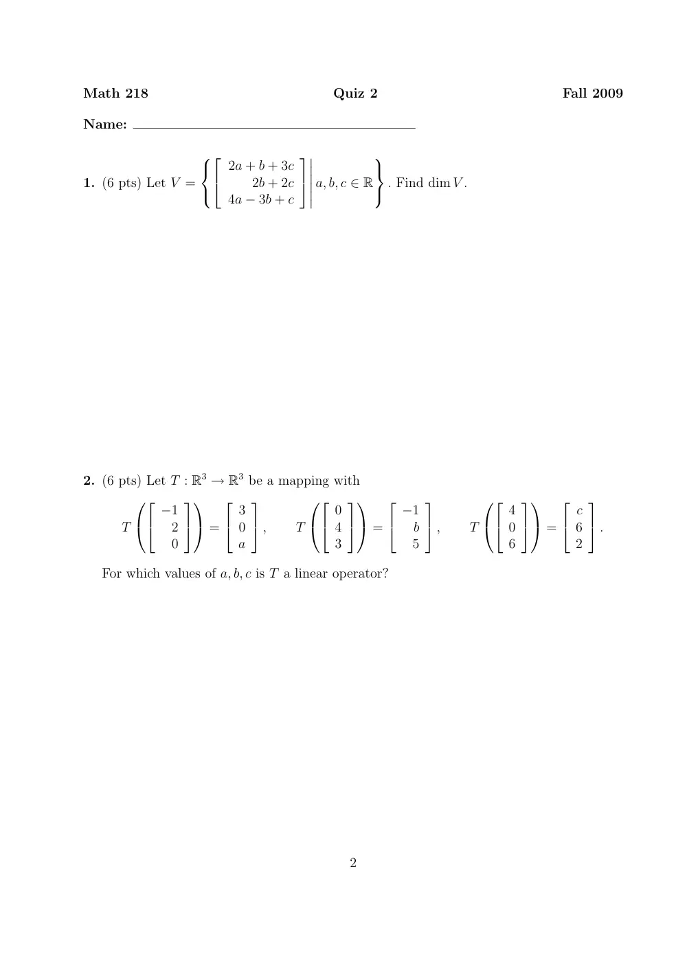 MATH 218 Exam 2, Fall 2009, page 2