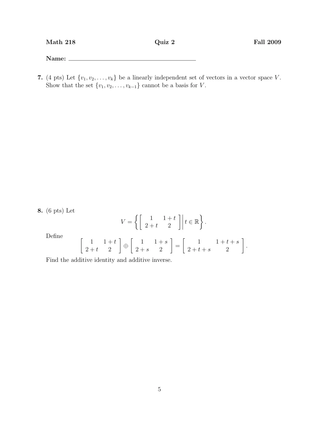 MATH 218 Exam 2, Fall 2009, page 5