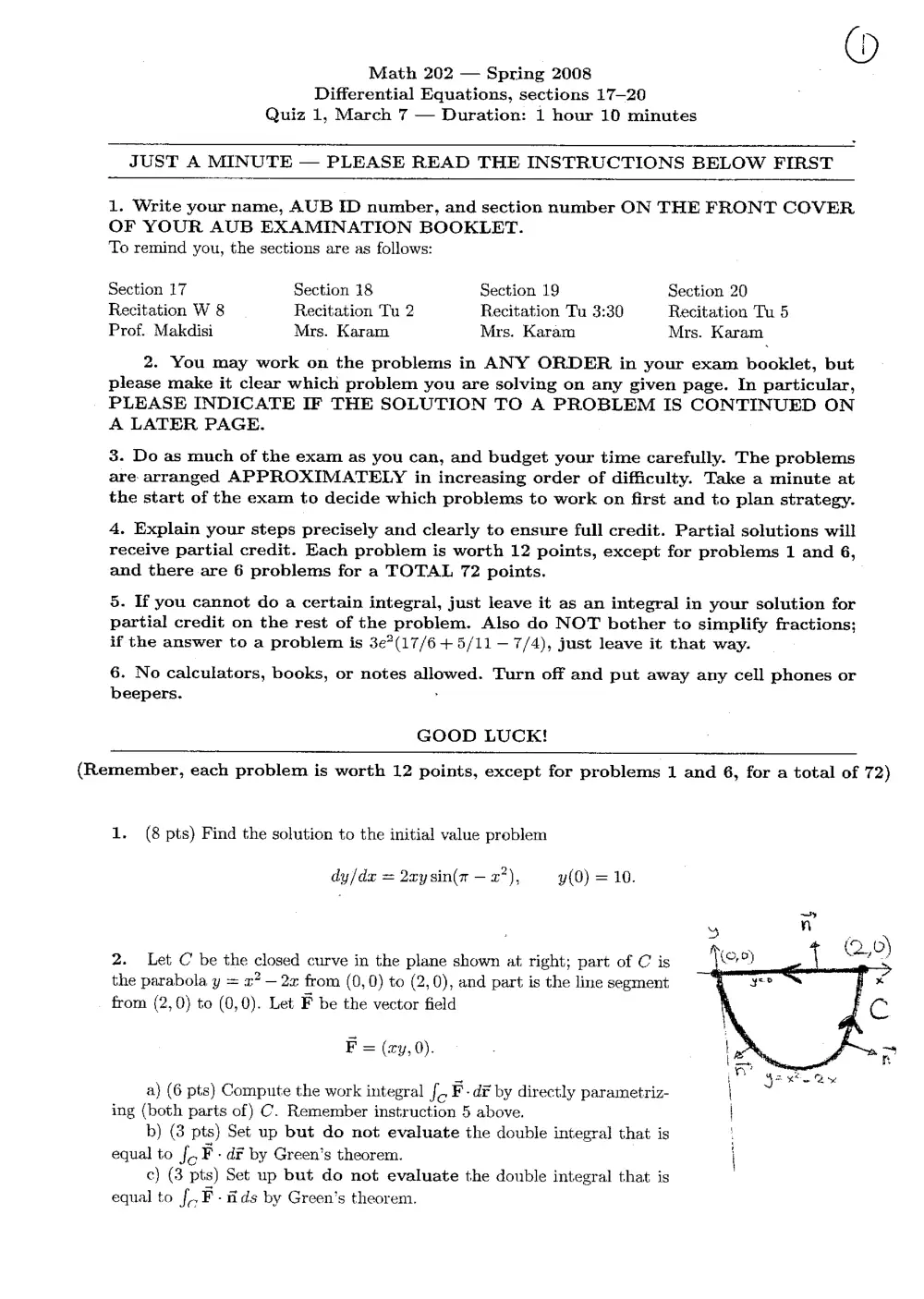 MATH 202 Exam 1 with Solution, Spring 2008, page 1
