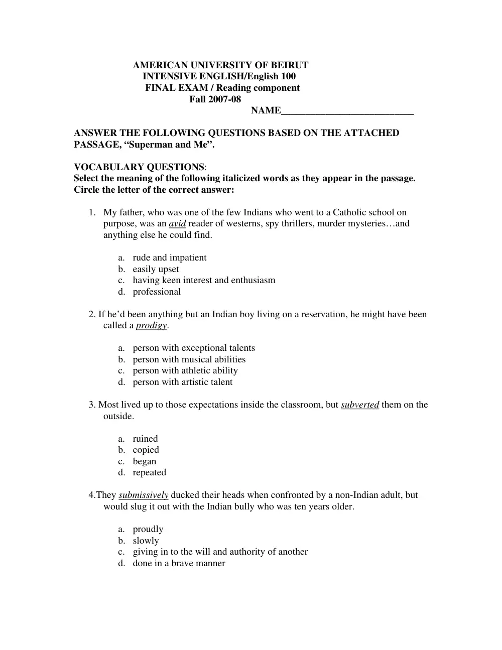ENG 100 Final, Fall 2007, page 1