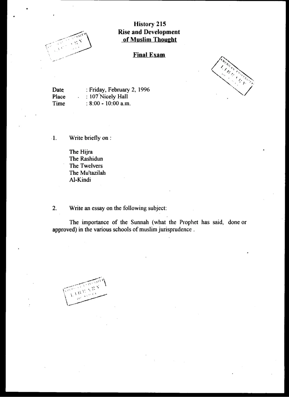 HIST 215 Final, Fall 1995, page 1