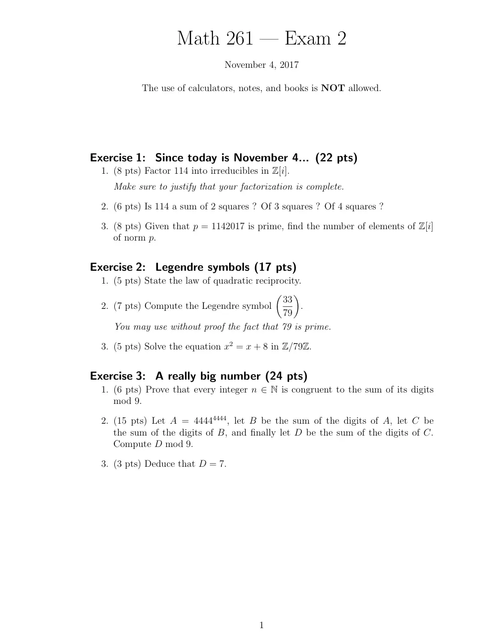 MATH 261 Exam 2, Fall 2017, page 1