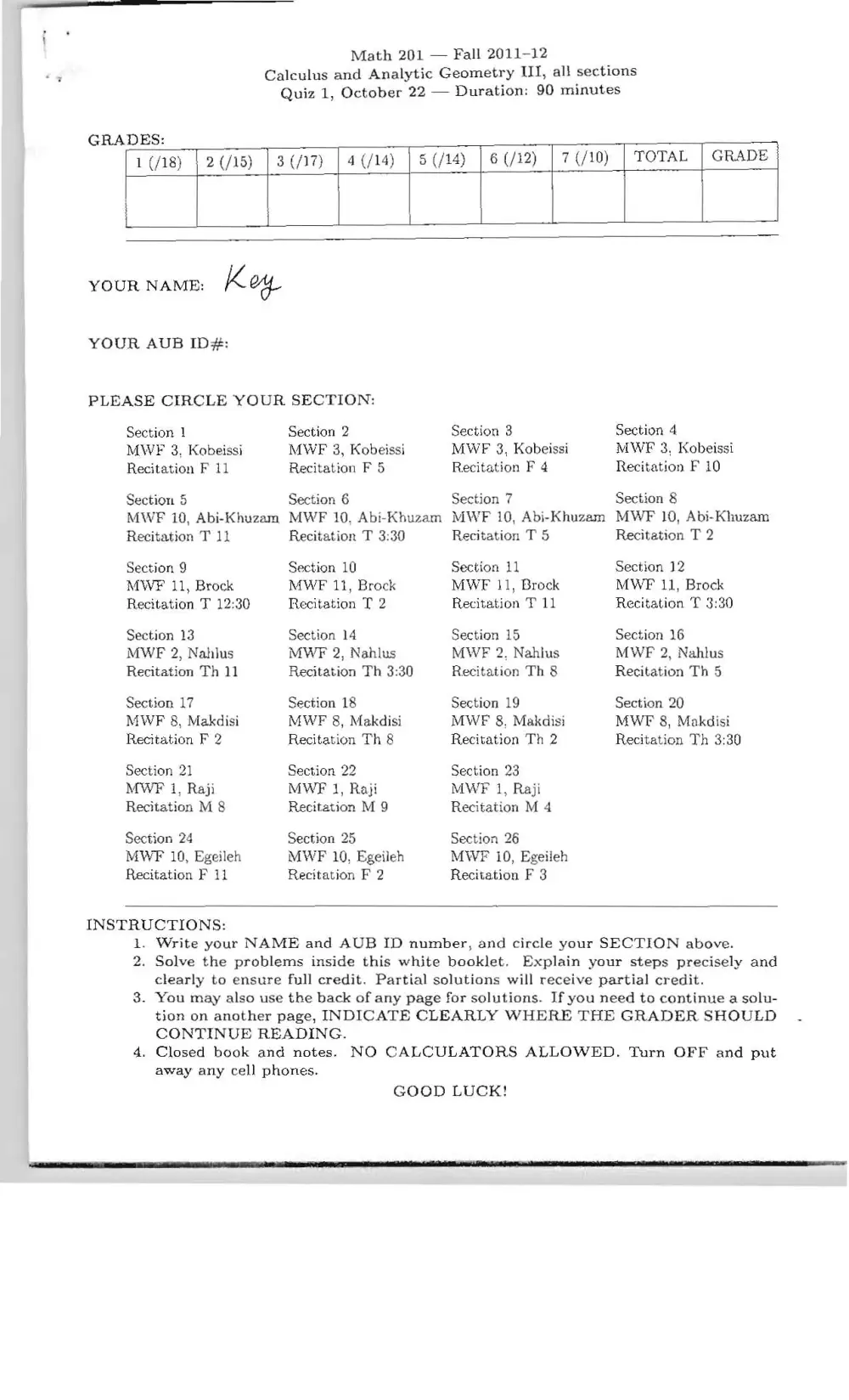 MATH 201 Exam 1 Sample, Fall 2011, page 1