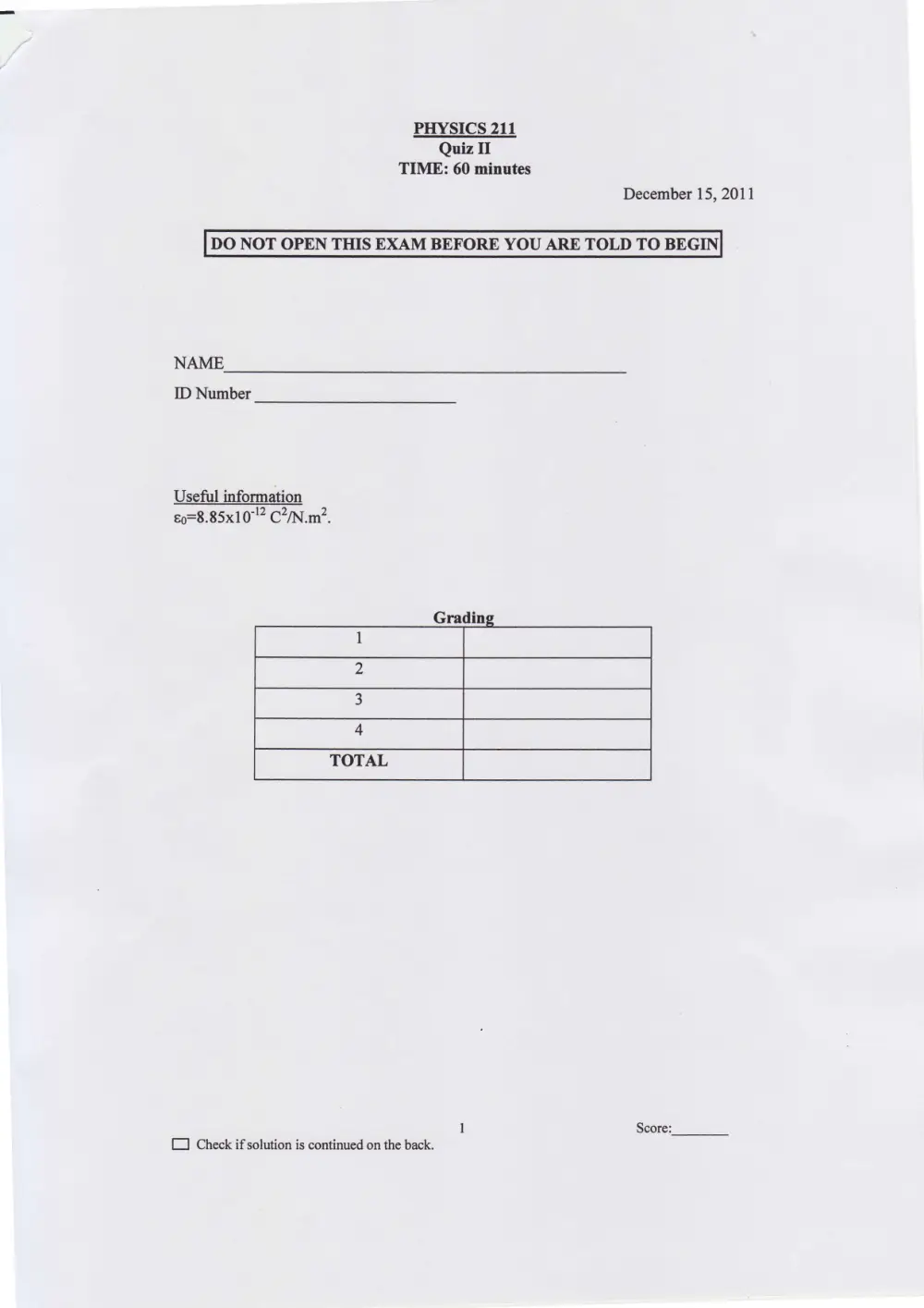 PHYS 211 Exam 2 with Solution, Fall 2011, page 1