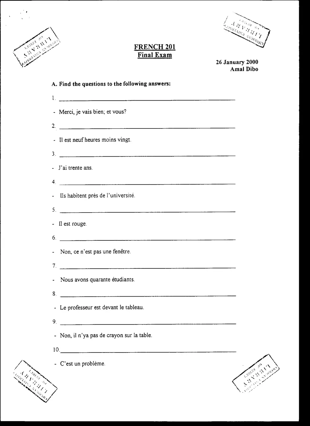 FREN 201 Final, Fall 1999, page 1