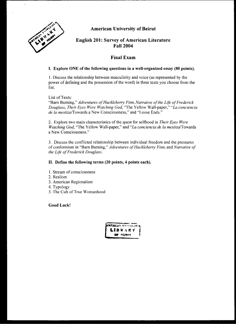 ENG 201 Final, Fall 2003, page 1