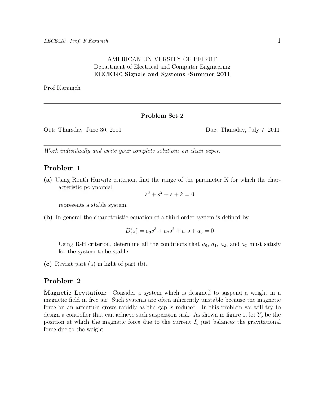 EECE 340 Homework Problem Set 2, Summer 2011, page 1