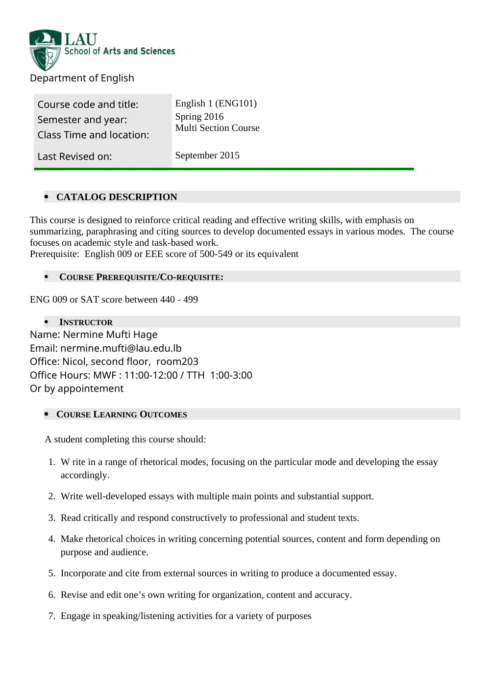 ENG 101 Syllabus, Spring 2017, page 1