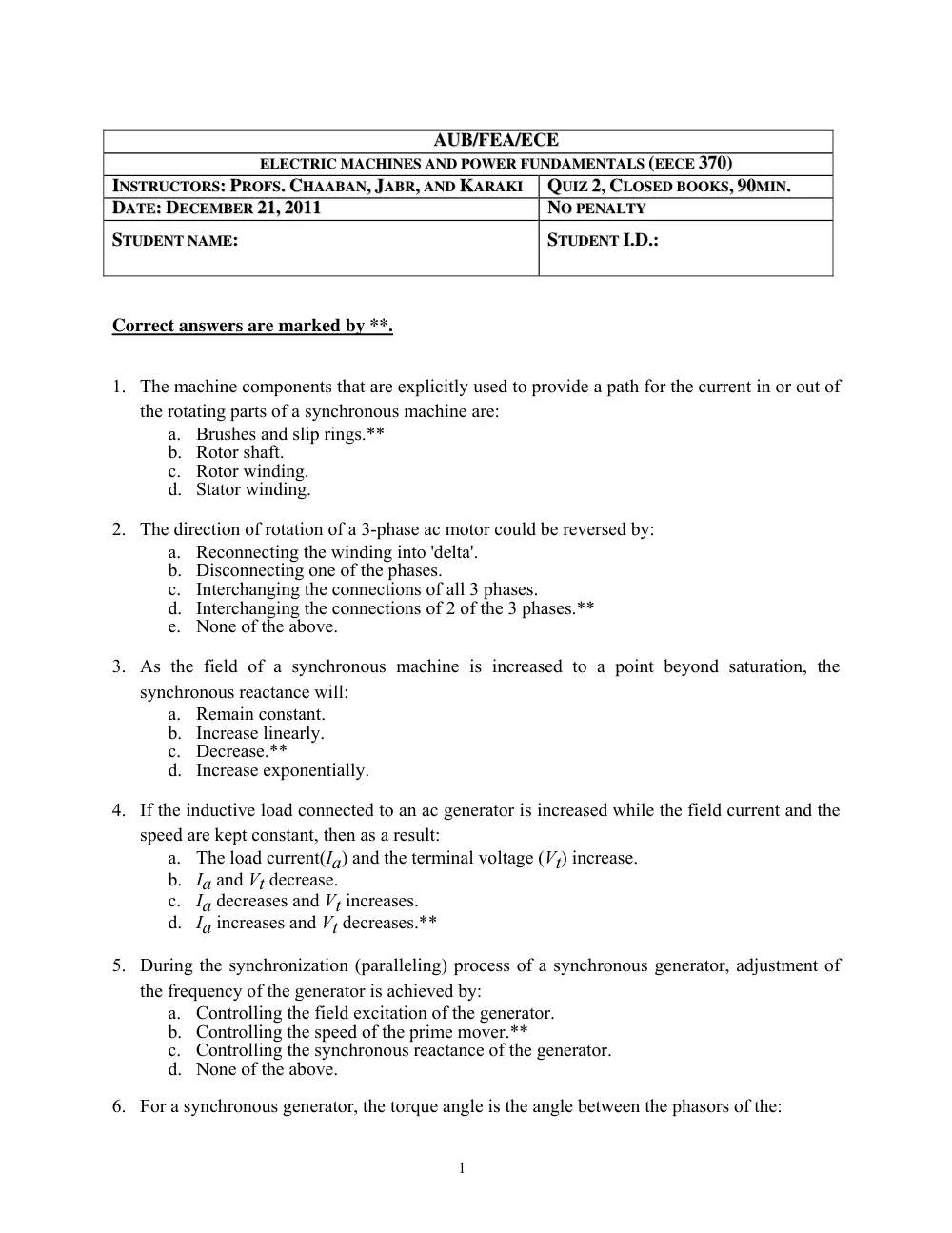 EECE 370 Exam 2 with Solution, Fall 2011, page 1