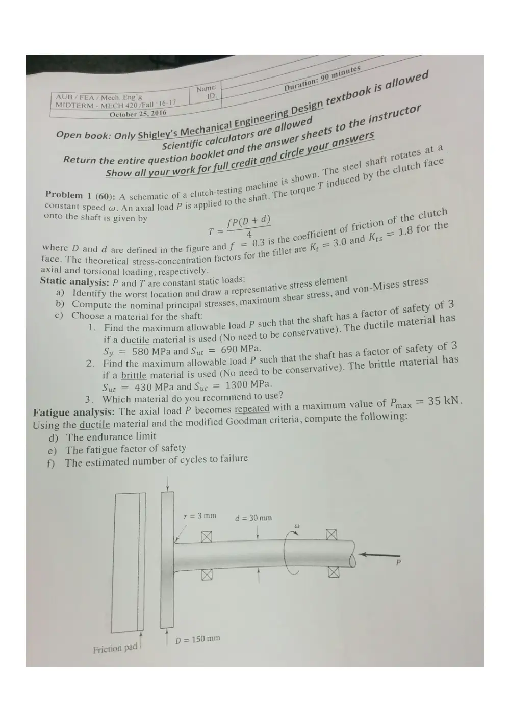 MECH 420 Midterm, Fall 2016, page 1