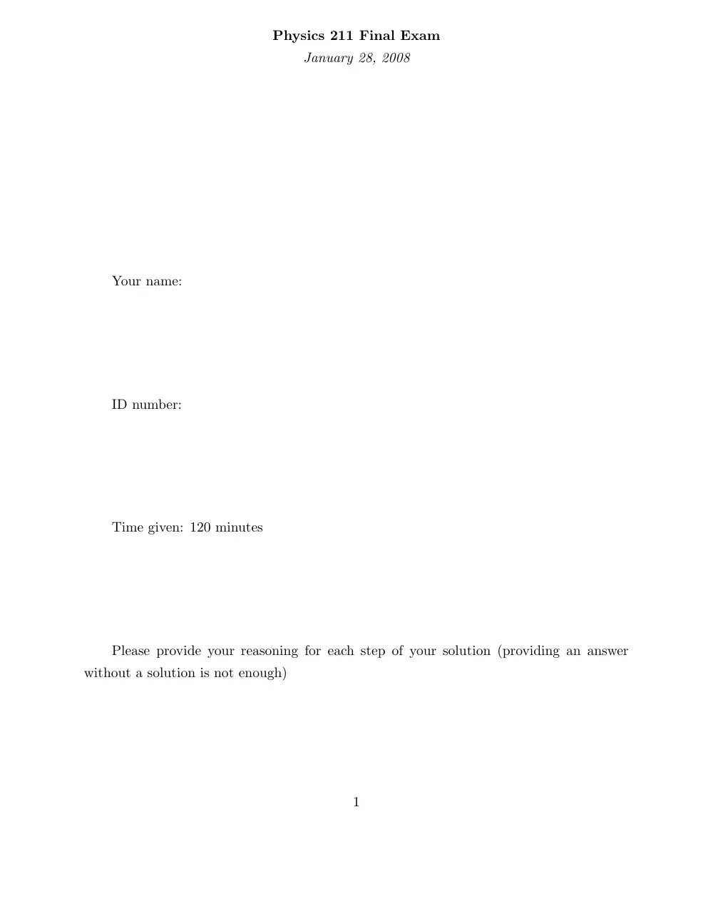 PHYS 211 Final, Fall 2007, page 1