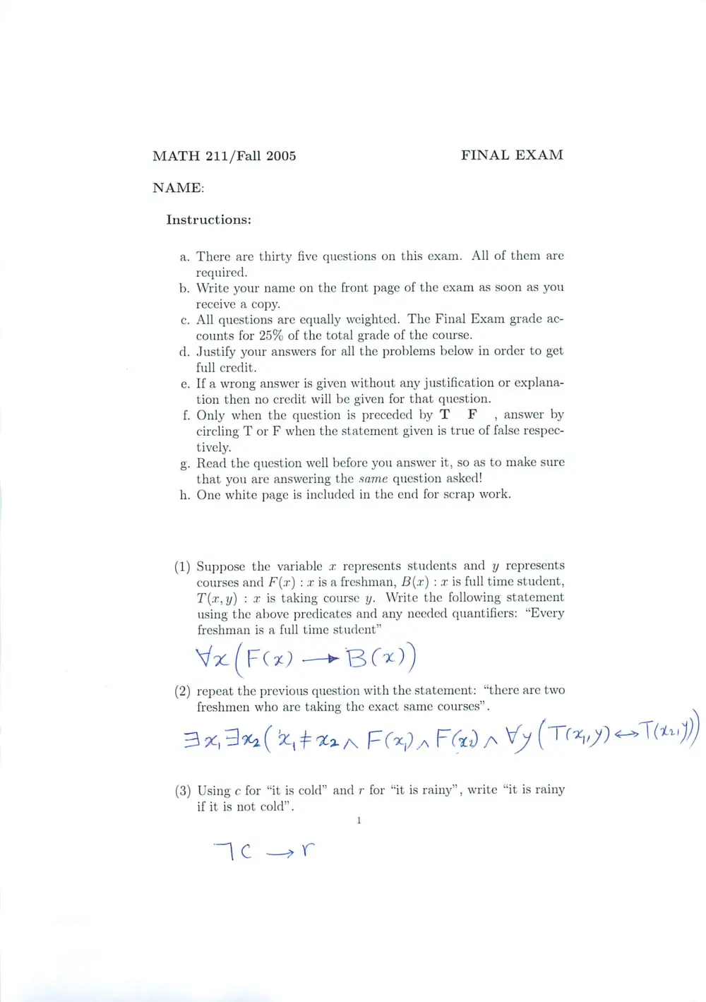 MATH 211 Final With Solution, Spring 2005, page 1