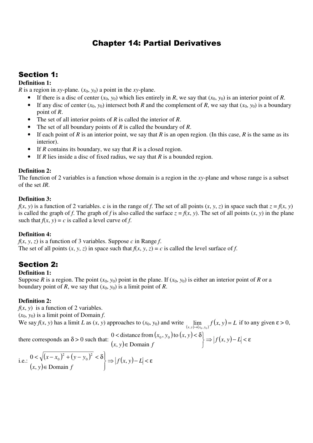 MATH 201 Chapter 14 Summary, Fall 2011, page 1