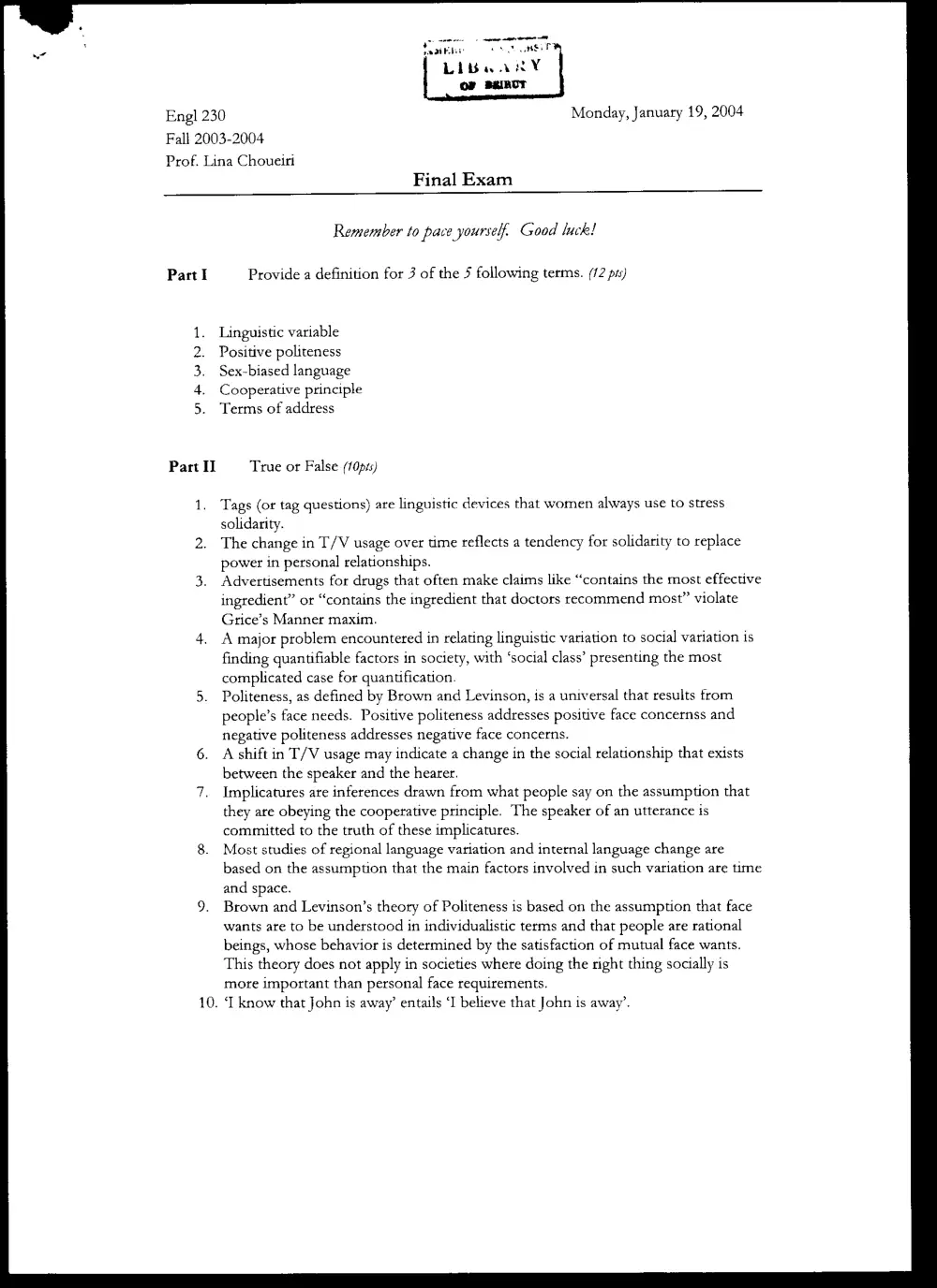 ENG 230 Final, Fall 2003, page 1