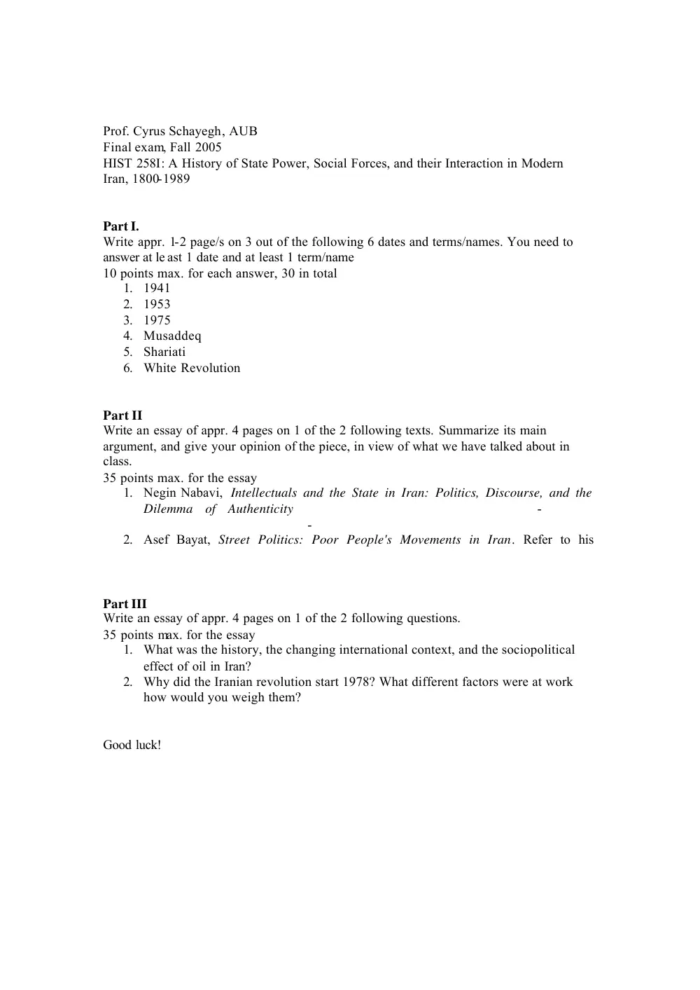 HIST 258 Final, Fall 2005, page 1