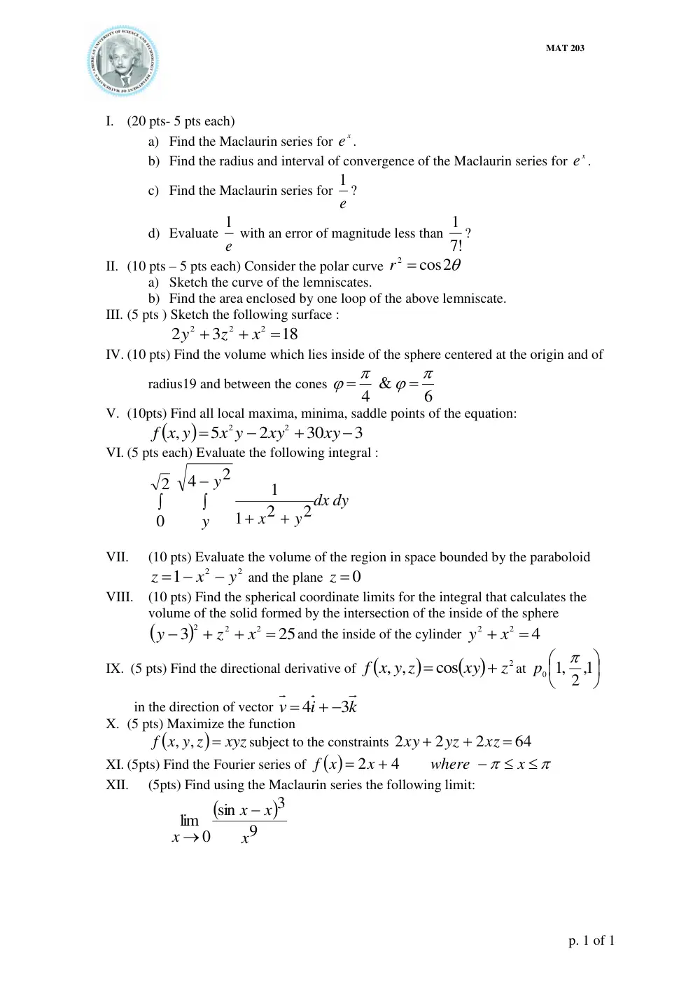 MAT 203 Midterm, Fall 2009, page 1