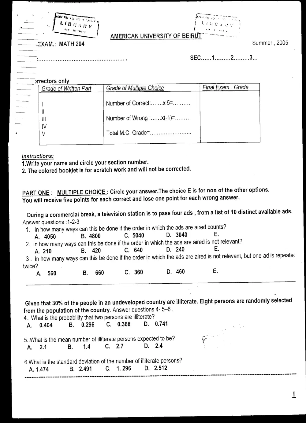 MATH 204 Final, Summer 2005, page 1