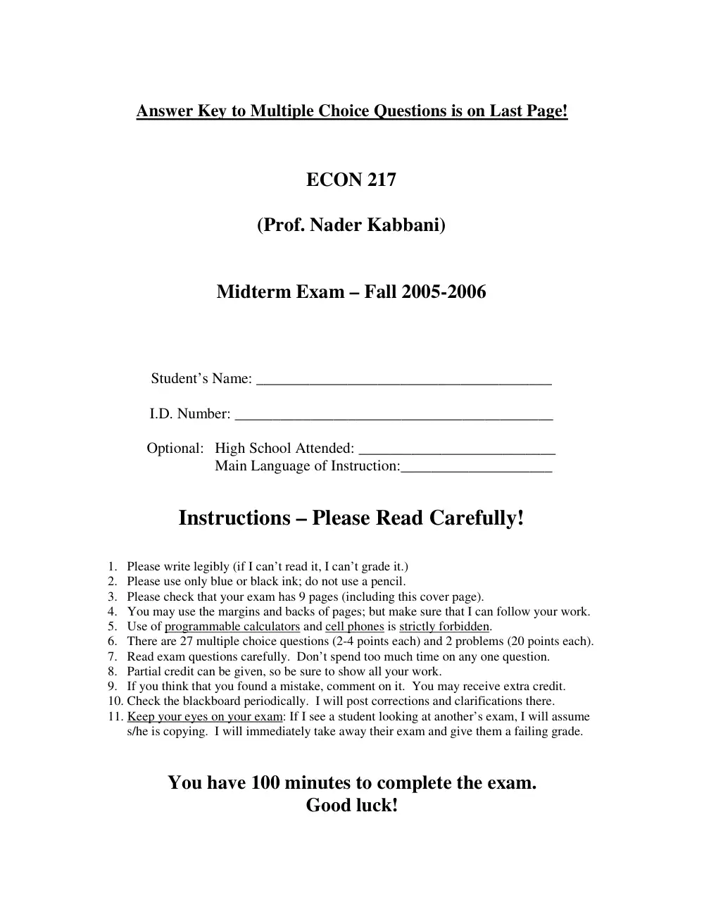 ECON 217 Midterm, Fall 2005, page 1