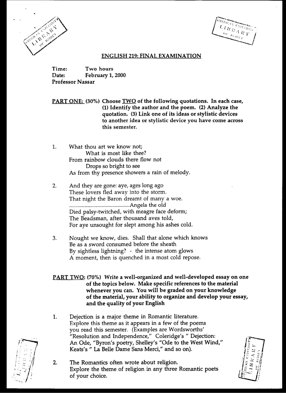 ENG 219 Final, Fall 1999, page 1
