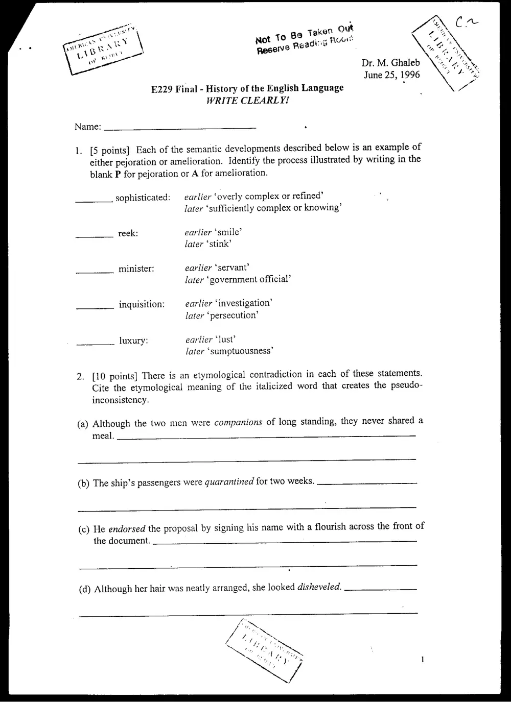 ENG 229 Final, Spring 1996, page 1