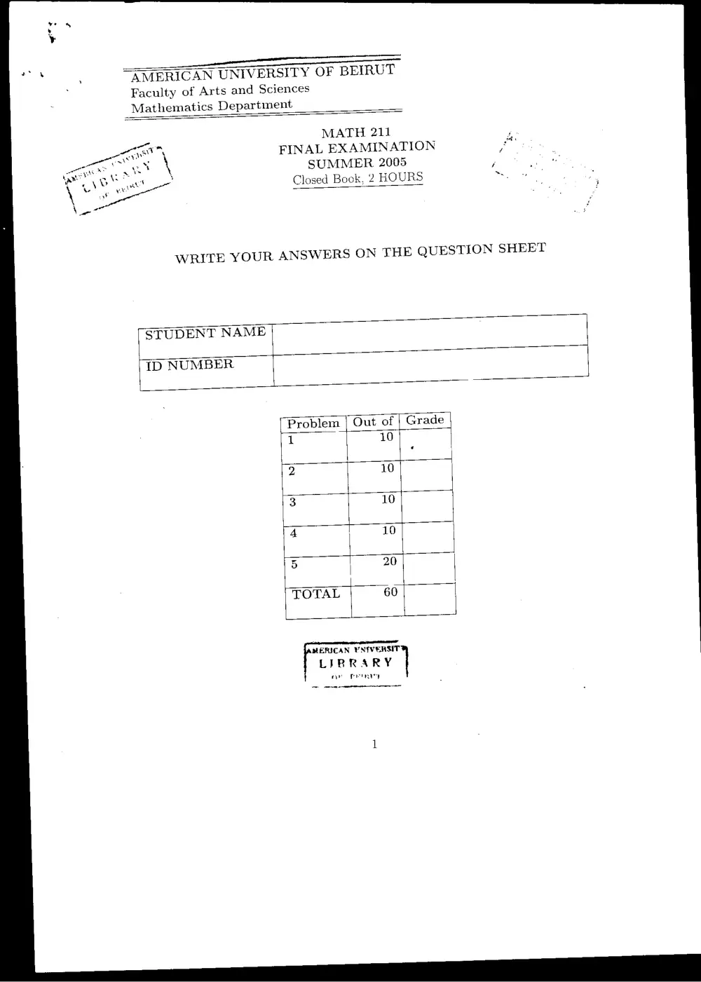 MATH 211 Final, Summer 2005, page 1