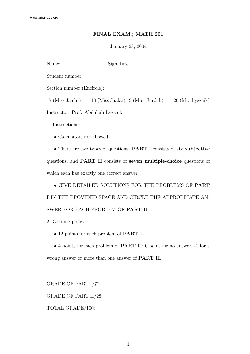MATH 201 Final, Fall 2004, page 1