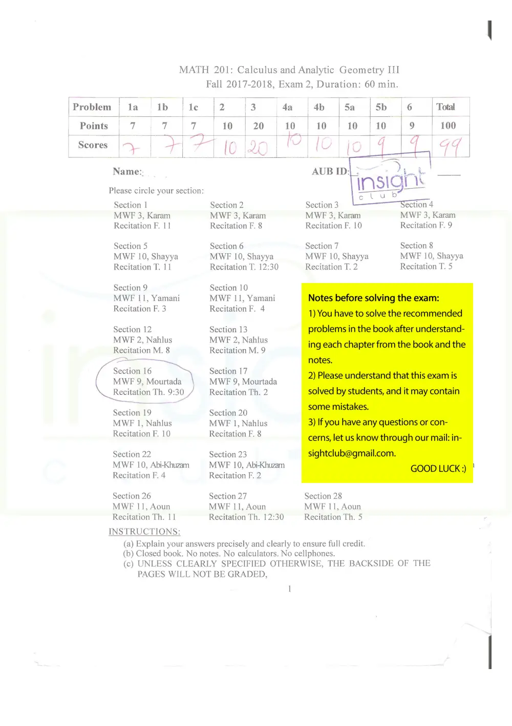 MATH 201 Exam 2, Fall 2017, page 1