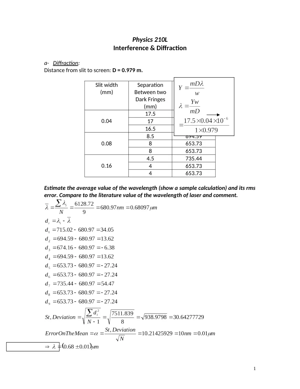PHYS 210L Lab Solved Report Interference and Diffraction, Fall 2010, page 1