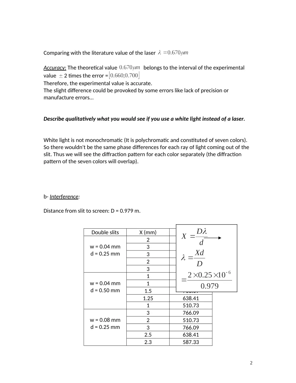 PHYS 210L Lab Solved Report Interference and Diffraction, Fall 2010, page 2