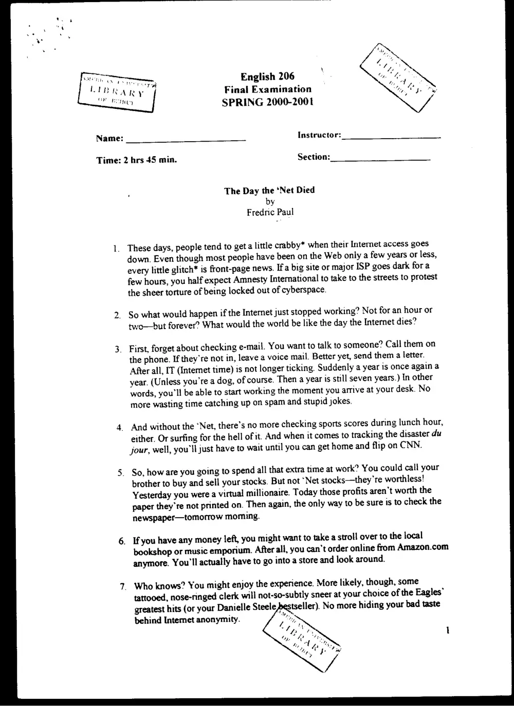 ENG 206 Final, Spring 2001, page 1