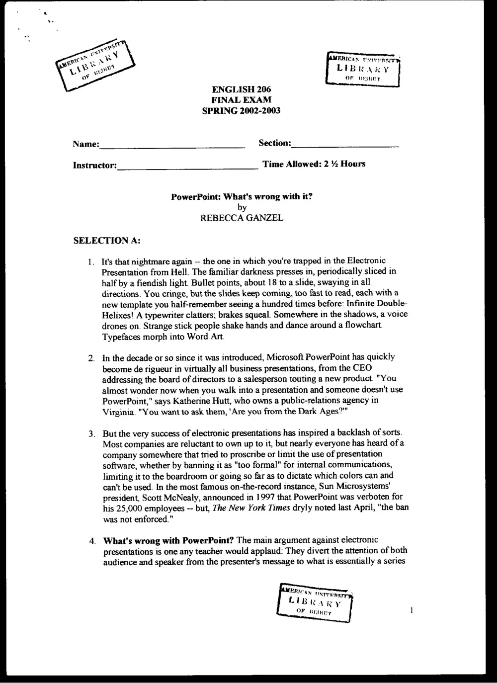 ENG 206 Final, Spring 2003, page 1