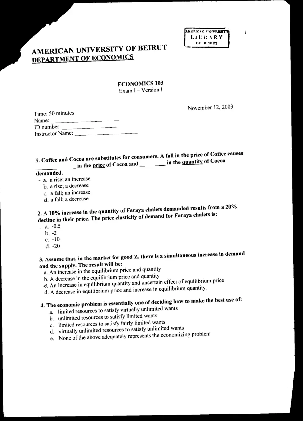 ECON 103 Exam, Fall 2002, page 1
