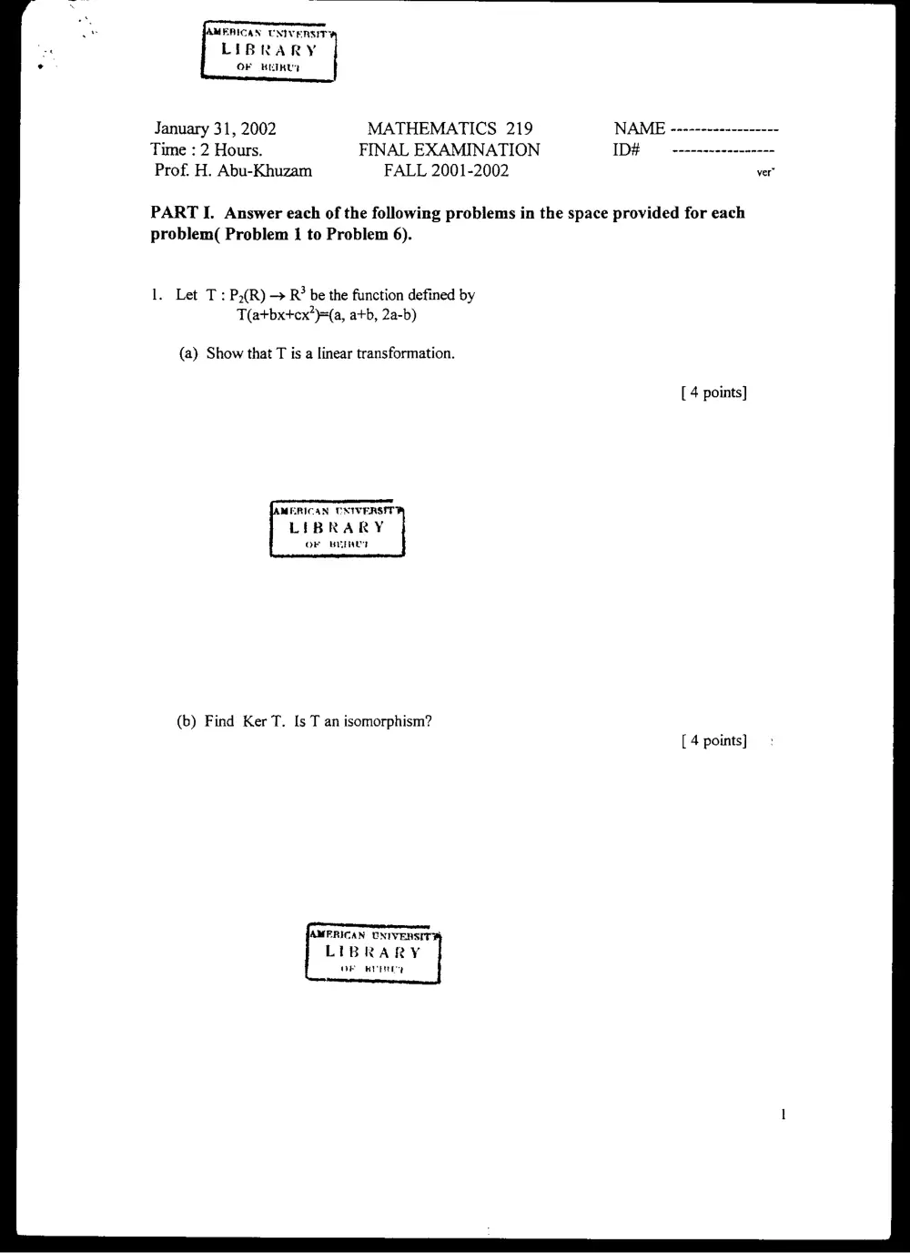 MATH 219 Final, Fall 2001, page 1