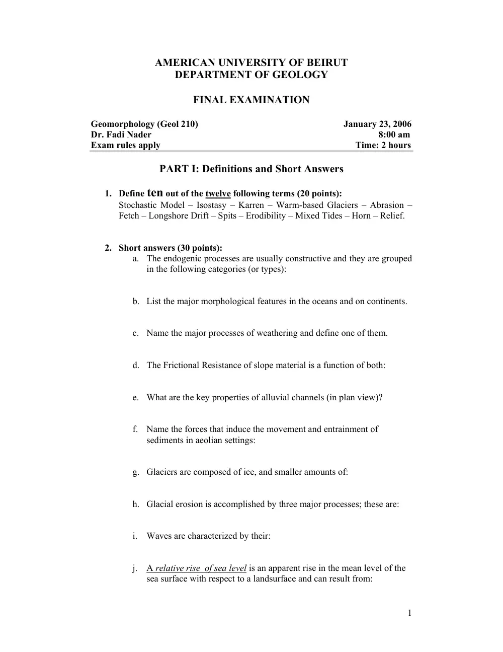 GEOL 210 Final, Fall 2005, page 1