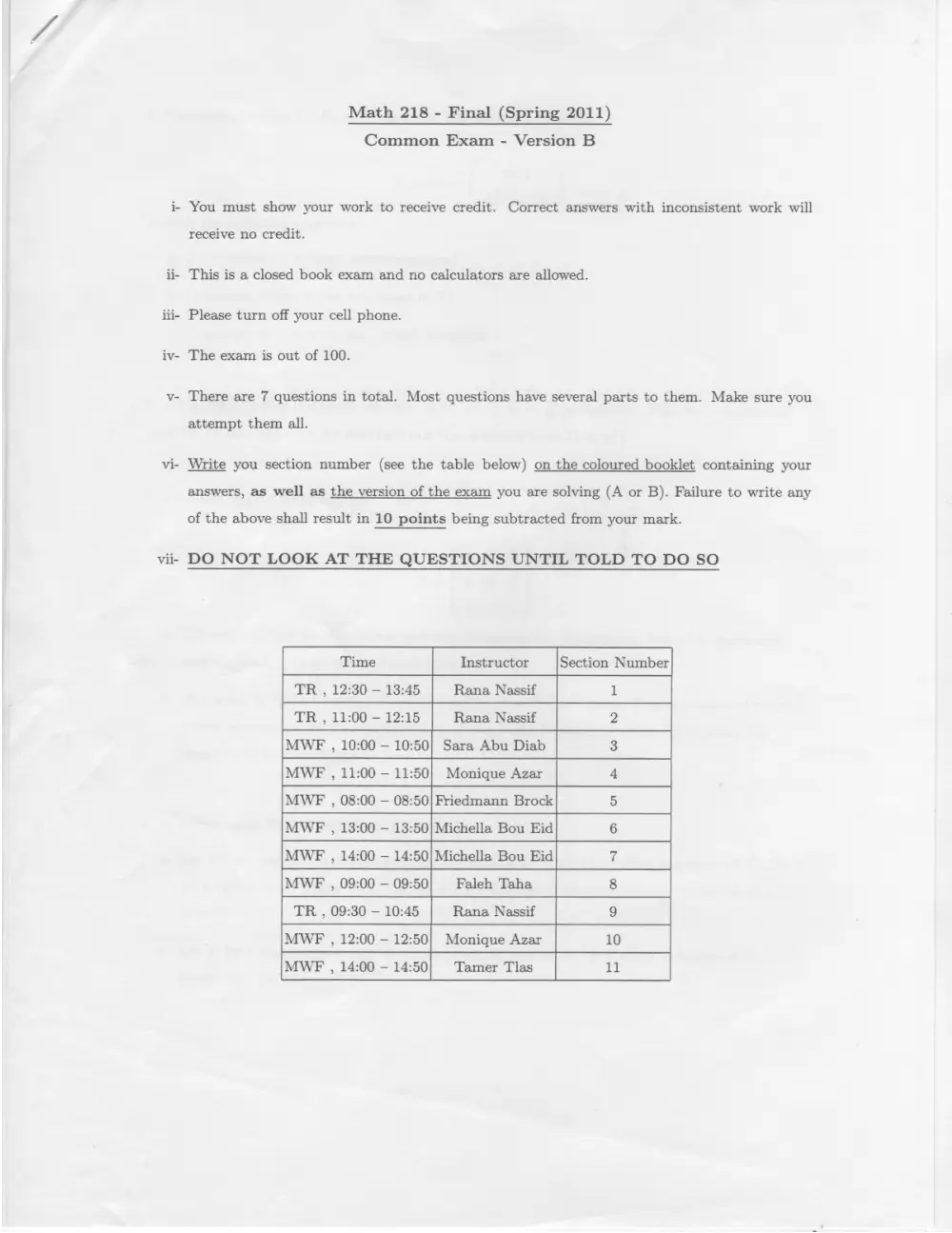 MATH 218 Final Common Exam, Spring 2011, page 1