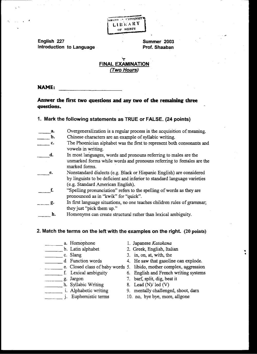 ENG 227 Final, Summer 2003, page 1