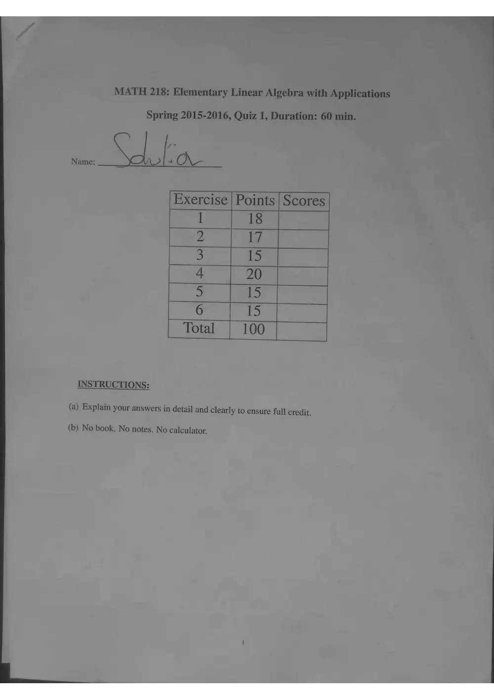 MATH 218 Exam 1 With Solution, Spring 2016, page 1
