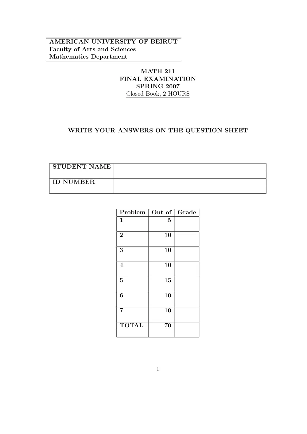 MATH 211 Final, Spring 2007, page 1