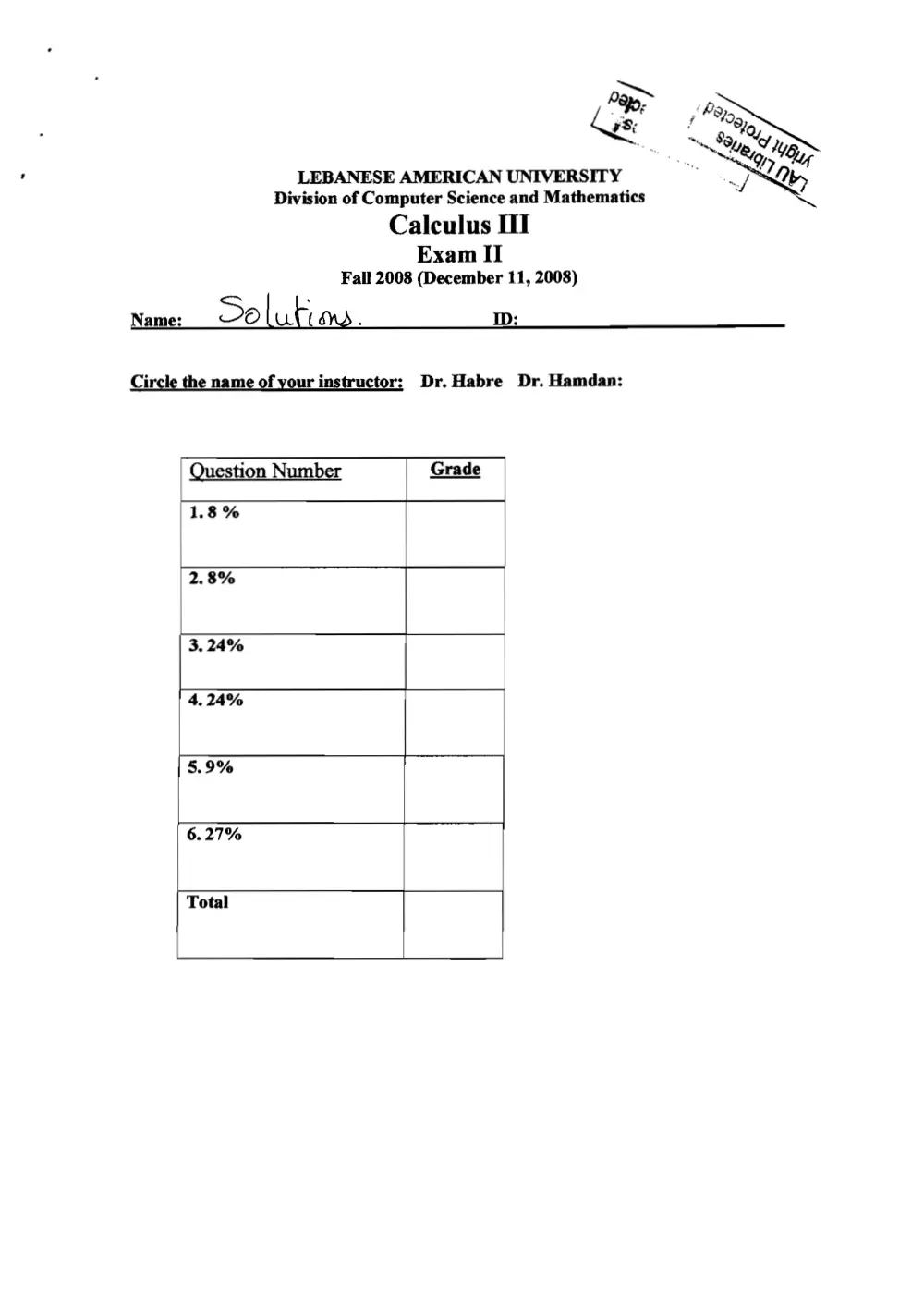MATH 201 Exam 2 with solution, Fall 2017, page 1