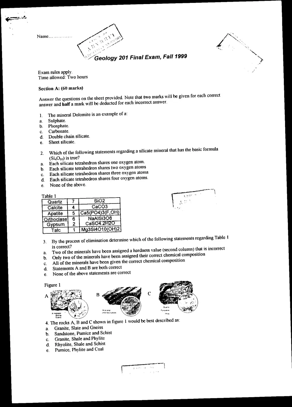 GEOL 201 Final, Fall 1998, page 1
