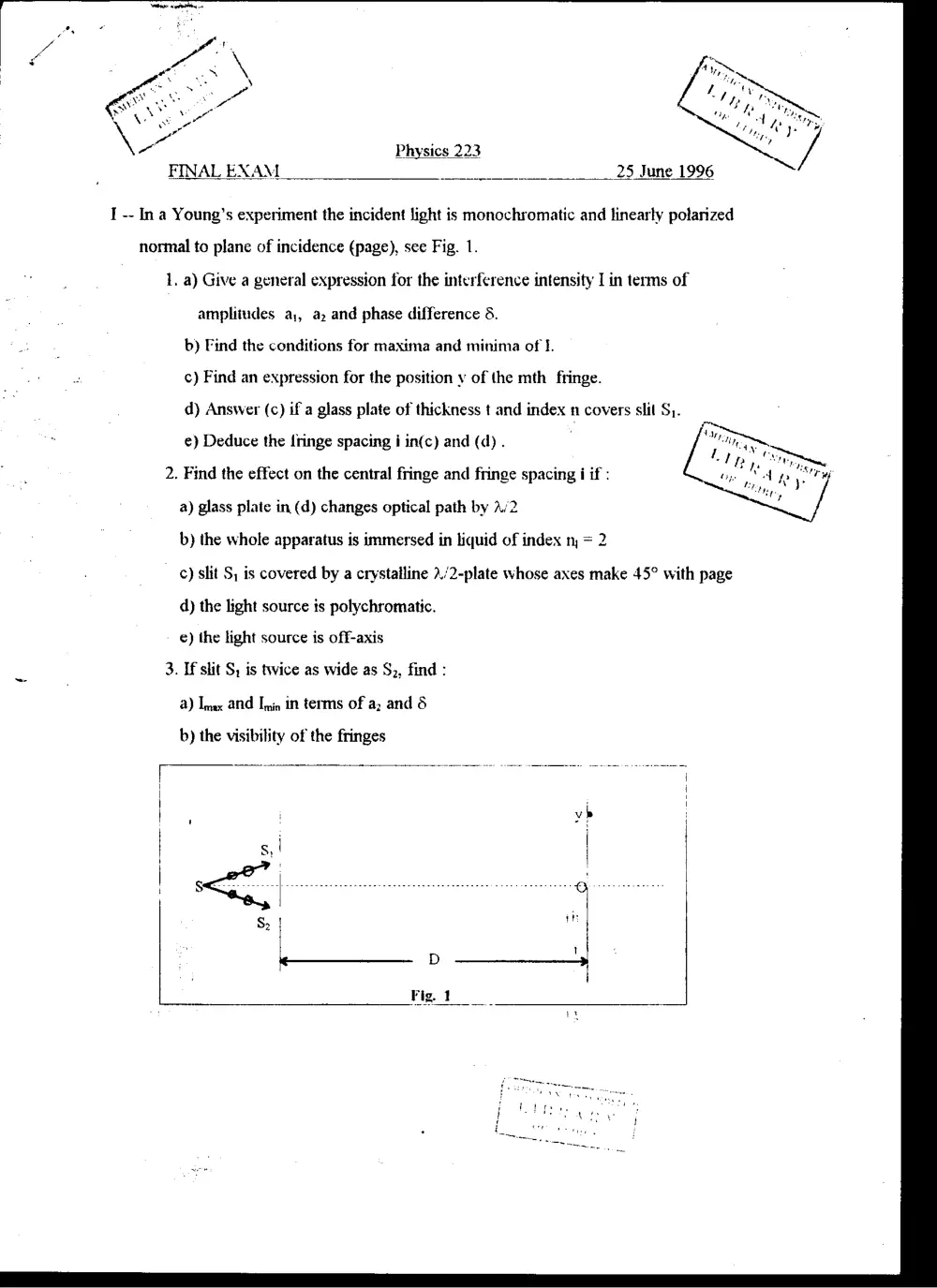 PHYS 223 Final, Spring 1996, page 1
