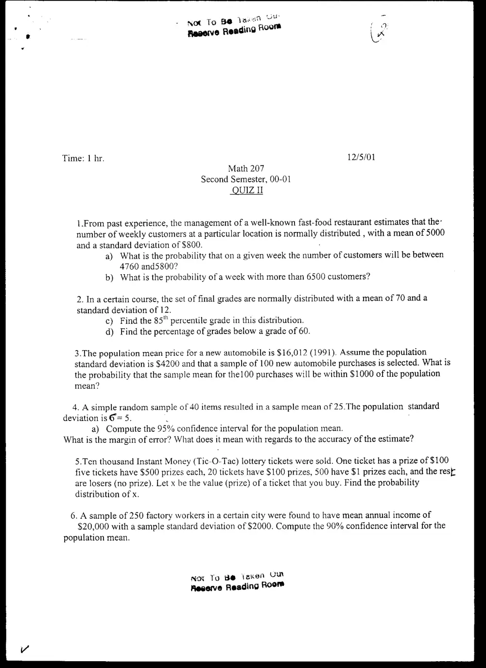 STAT 201 Exam 2, Spring 2001, page 1