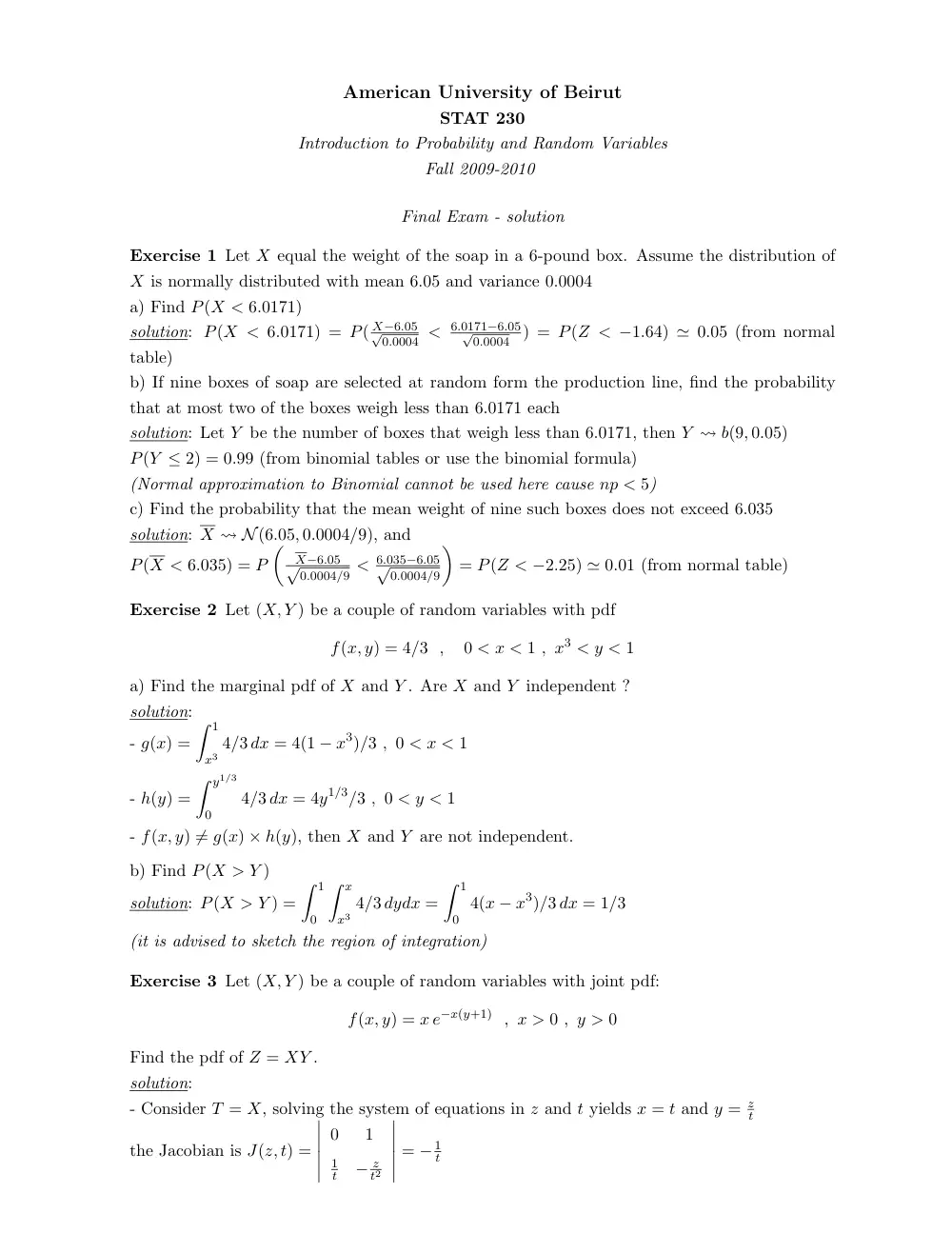 STAT 230 Final with Solution, Fall 2009, page 1