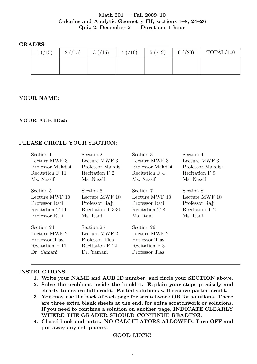 MATH 201 Exam 2, Fall 2014, page 1