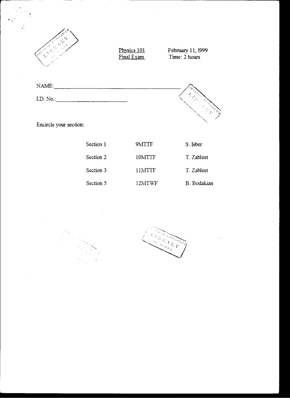 PHYS 101 Final, Fall 1998, page 1