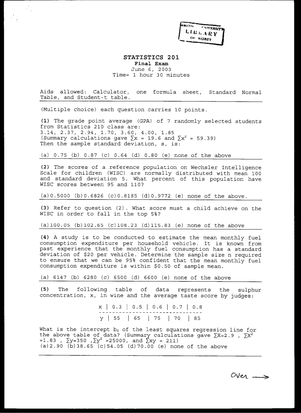 STAT 201 Final, Spring 2003, page 1