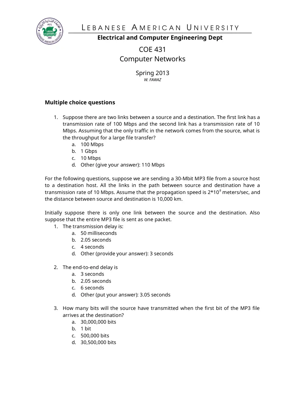 COE 431 Problems In Class, Fall 2013, page 1