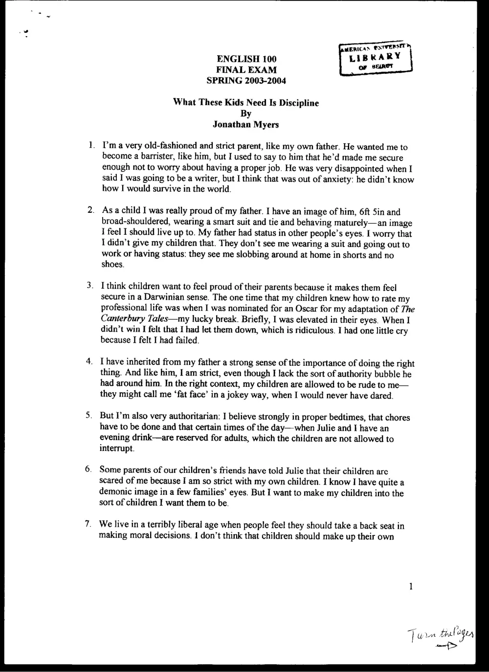 ENG 100 Final, Spring 2004, page 1